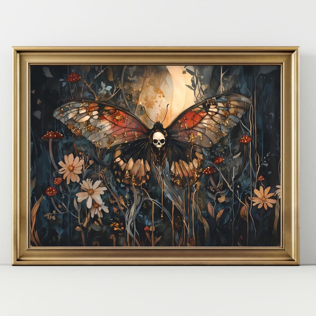 Dark Moth Skull Death's Head Floral Print, Gothic Botanical Wall Art ...