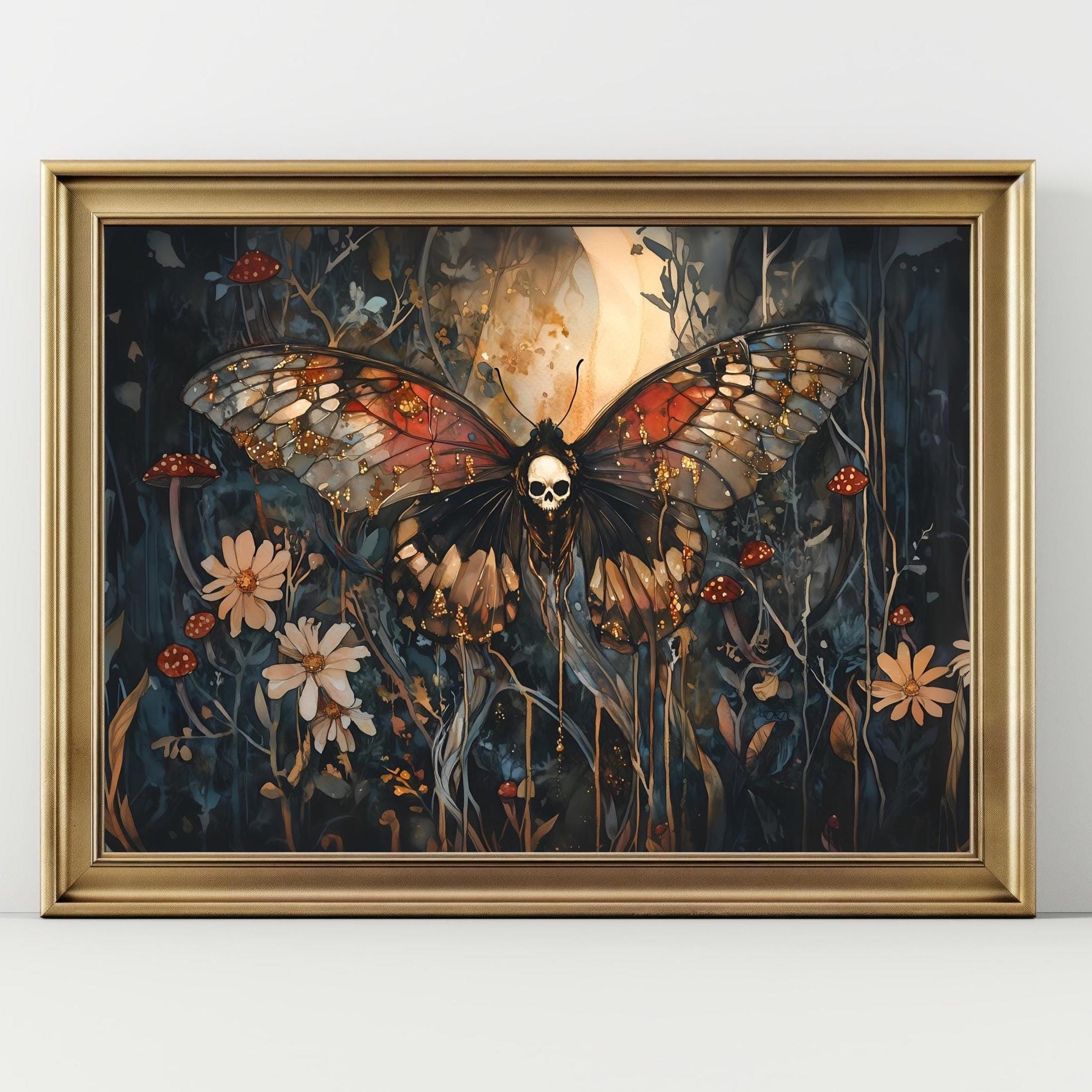 Dark Moth Skull Death's Head Floral Print, Gothic Botanical Wall Art ...