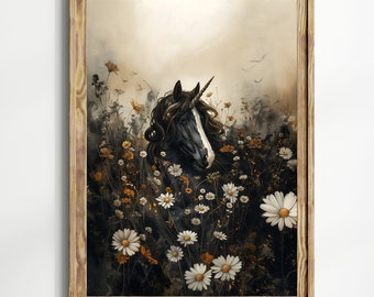 Unicorn Wall Art, Moody Dark Academia Print, Fantasy Floral Horse Poster