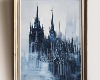 Cathedral Castle Wall Art, Moody Gothic Dark Print, Fantasy Architecture Poster