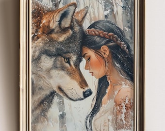 Wolf and Woman Wall Art, Spiritual Animal Print, Boho Nature Decor, Nordic Mythology Inspired Artwork, Feminine Wolf Portrait