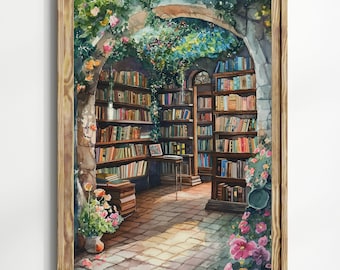 May include: A watercolor painting of a bookstore with wooden shelves filled with books. The shelves are surrounded by lush green vines and flowers. The bookstore is located in a stone building with a vaulted ceiling. The painting is framed in a wooden frame.