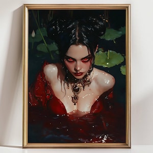 Dark Gothic Woman Wall Art Print – Vampire Fantasy Portrait with Red Eyes, Witchy Gothic Horror Aesthetic Decor