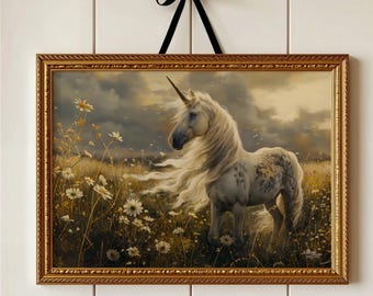 Unicorn Art Print – Mystical Fantasy Wall Decor, Whimsical Horse in Wildflower Meadow, Dreamy Cottagecore Pastel Landscape