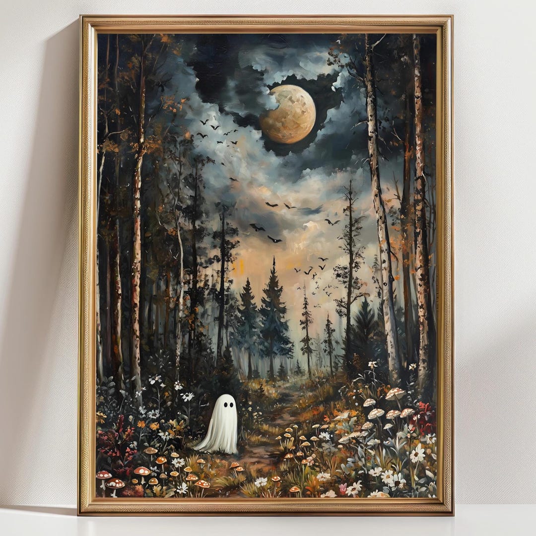 Cute Ghost Autumn Forest Moon Print, Whimsical Halloween Wall Art ...