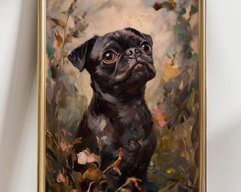 Black Pug Wall Art, Dog Lovers Art Print, Floral Pet Portrait Poster