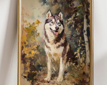 Siberian Husky Wall Art, Dog Lover Forest Print, Cottagecore Pet Portrait Poster