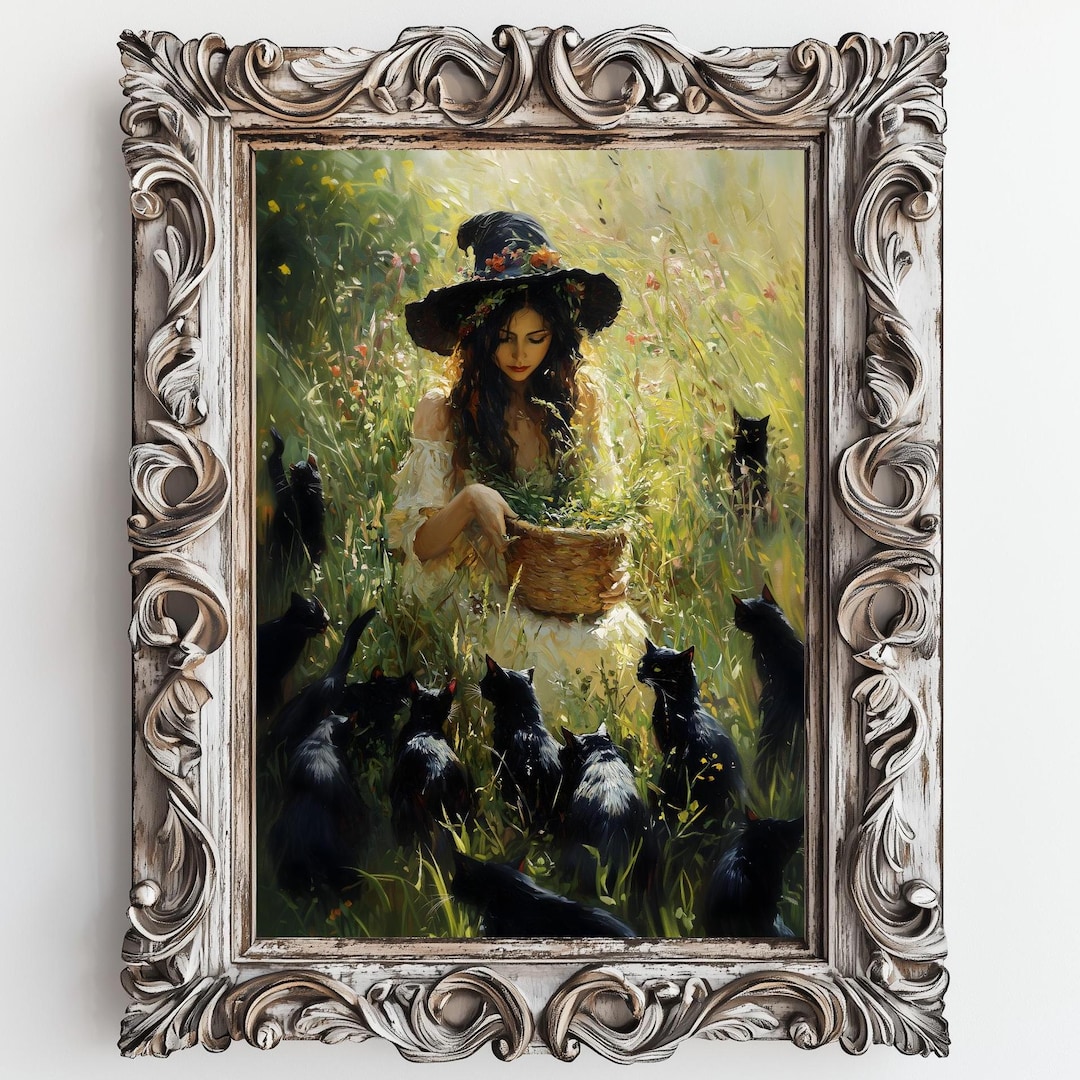 Witch With Black Cats Art Print. Moody Ethereal Witch, Halloween Decor ...