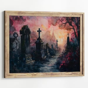 Moody Graveyard Wildflowers Dark aesthetics Painting Goth Landscape Dark Academia Art print Gothic Home décor cemetery Art Print halloween