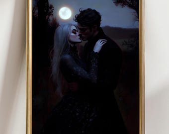 Moonlit Gothic Lovers Art Print • Dark Romantic Wall Art • Enchanted Midnight Kiss Painting • Fantasy Victorian Romance Decor
