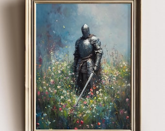 Medieval Knight Art Print, Wildflower Meadow, Eclectic Wall Art, Knightcore Fantasy Art, Fantasy Sword vintage Painting, Dark Academia Print