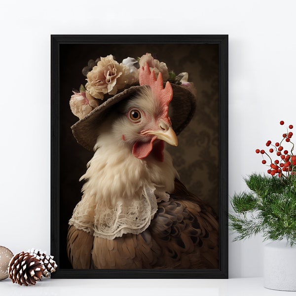 Victorian Chicken Matte Vertical Print Dark Art Poster Print, Cottagecore Home Decor, Victorian Decoration Dark Academia Renaissance Hen Art