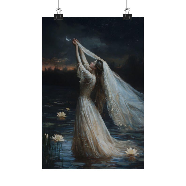 Romantic Woman Reaching for Crescent Moon Art – Ethereal Water Lily Night Scene, Dreamy Feminine Fantasy Wall Print image 6