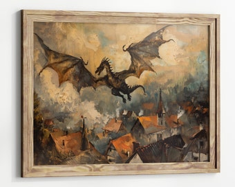 Medieval Dragon Old Vintage Painting Art Horizontal Poster Print fantasy Kingdom and a dragon Fantasy Painting,  Dark Academia Middle Ages