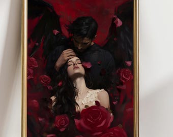 Dark Romance Wall Art, Angel Demon Love Painting, Gothic Couple Print, Red Rose Fantasy Art, Moody Romantic Decor