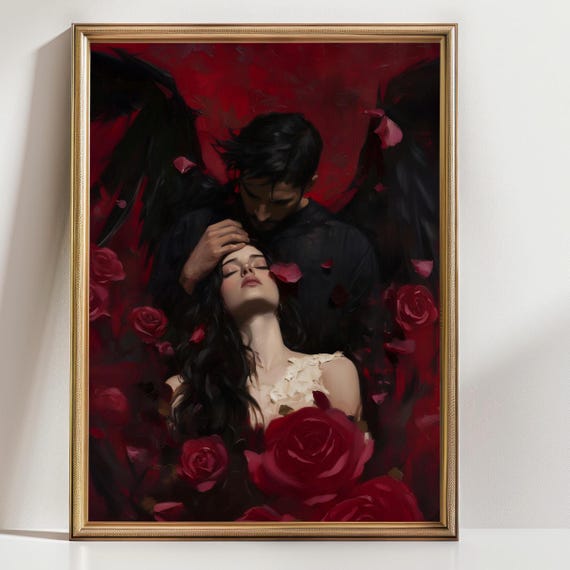 Dark Romance Wall Art, Angel Demon Love Painting, Gothic Couple Print, Red Rose Fantasy Art, Moody Romantic Decor