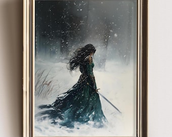 Warrior Woman in Snow Art Print, Dark Fantasy Female Knight Painting, Winter Battle Scene Wall Decor, Sword Maiden Artwork Moody Fantasy Art