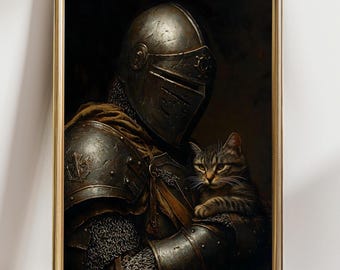 Knight Holding Cat Art Print Medieval Fantasy Armor Painting Dark Gothic Wall Decor Cat Lover Gift Artwork