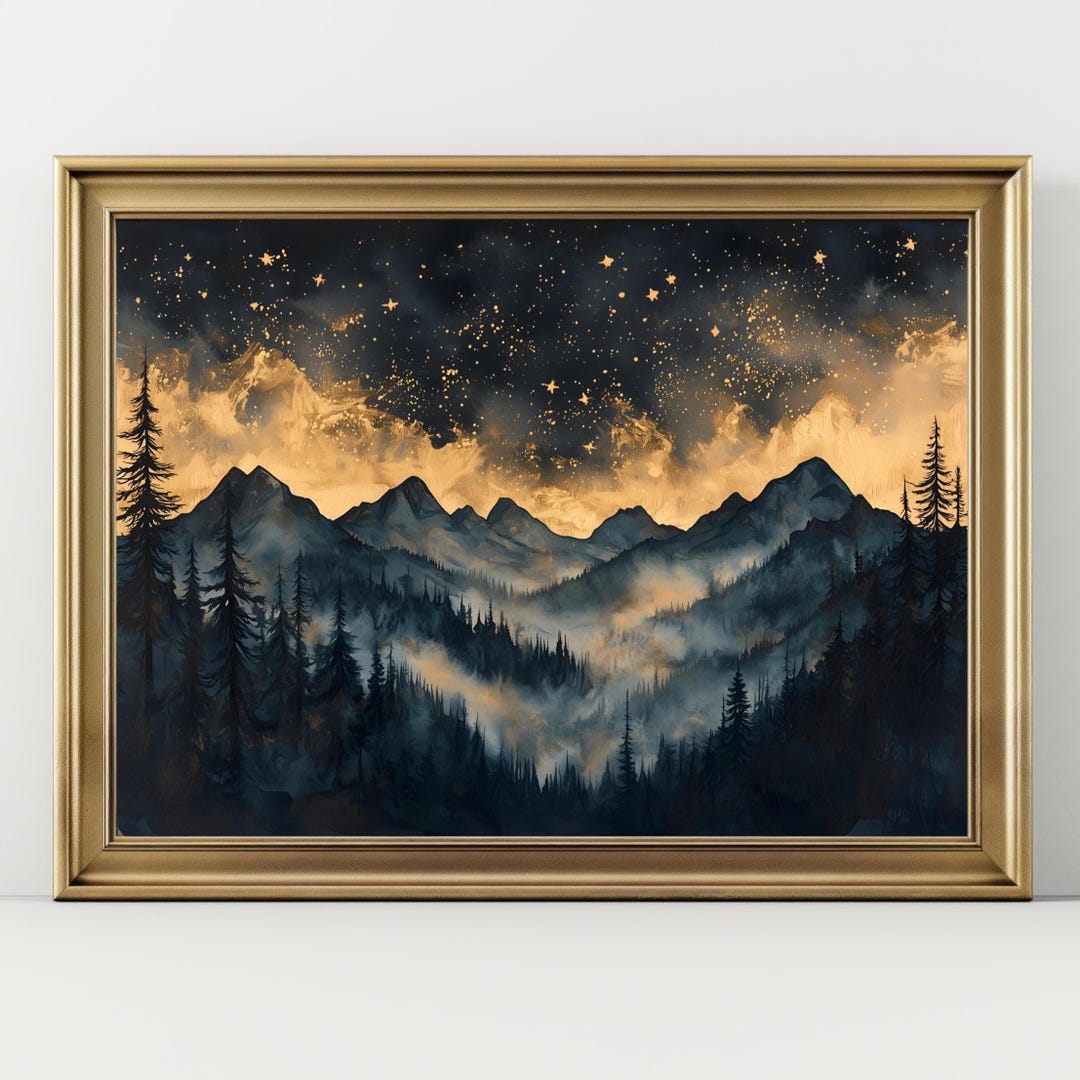 Mountain Night Sky Wall Art Print, Starry Landscape Painting, Forest ...