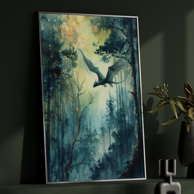Forest Dragon Watercolor Art Vertical Poster Print fantasy art forest and a dragon Fantasy Painting, Watercolor illustration Dark Academia