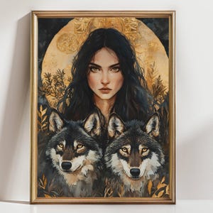 Mystic Woman with Wolves Art Print, Dark Boho Spirit Animal Wall Decor, Moon Goddess Fantasy Artwork, Witchy Wolf Painting