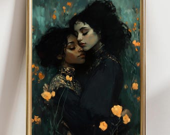 Lesbian WLW Wall Art Print, Romantic Fantasy Women Lovers Embrace, Queer Gothic Artwork, Enchanted Pride Home Decor