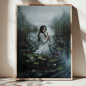 Lady Knight In The Lake Art Print, Dark Academia Wall Decor, Medieval Fantasy Wall Art, Woman Knight Poster, Renaissance Knight Gift