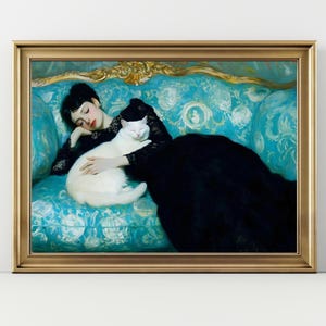 Cat and Woman sleeping on a couch Victorian Print, Dark Academia, Victorian Home Decor Dark Art Wallart elegant wall art vintage print