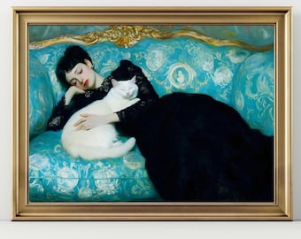 Cat and Woman sleeping on a couch Victorian Print, Dark Academia, Victorian Home Decor Dark Art Wallart elegant wall art vintage print