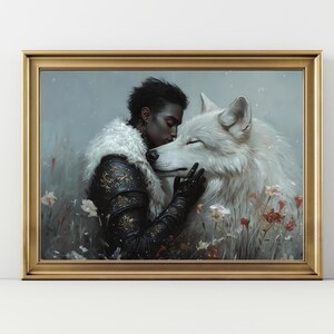 Fantasy Wolf and Warrior Art Print Black Knight Hugging White Wolf, Emotional Wall Decor, Animal Bond, Epic Fantasy Poster
