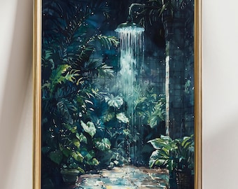 Moody Botanical Bathroom Print Plants Painting Shower Poster  Wall Art Dark Green Laundry Room Moody Decor Floral Bathroom Wall Art painting