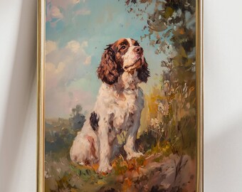 English Springer Spaniel Painting, Spaniel Dog Wall Art, Hunting Dog Portrait Print, Vintage Style Animal Artwork, Rustic Country Decor