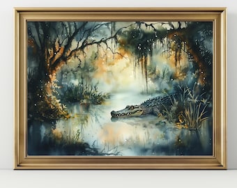 Alligator Swamp Wall Art Print, Bayou Wildlife Painting, Rustic Southern Nature Decor, Wetlands Gator Artwork