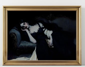 Dark Romantic Gothic Wall Art, Sleeping Woman Painting, Moody Vintage Portrait Print, Black Aesthetic Decor, Victorian Style Artwork