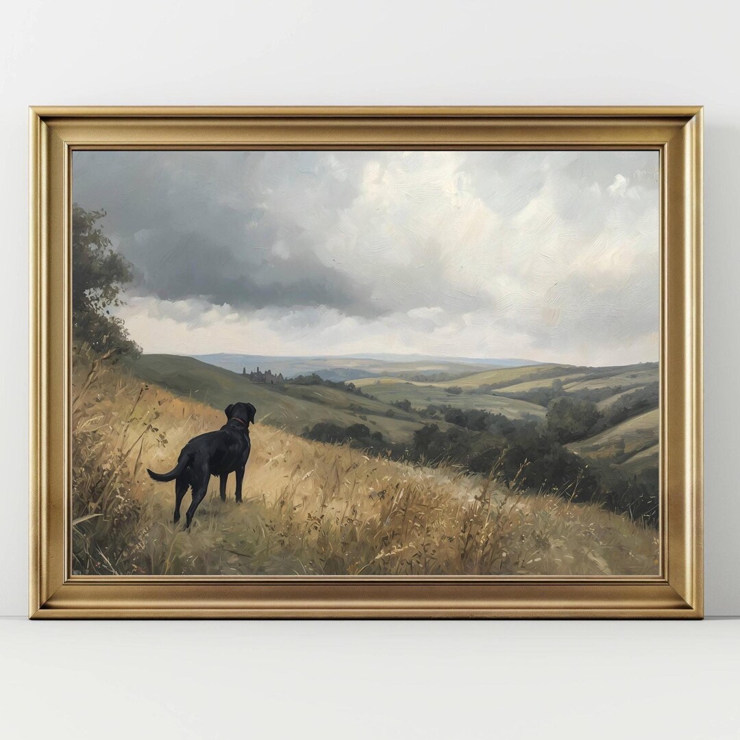 Black Labrador in Countryside Art Print Serene Hillside Landscape ...