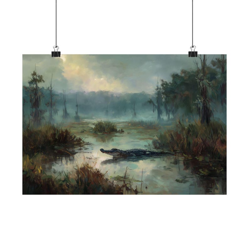 Alligator Swamp Wall Art – Moody Wildlife Landscape Print, Foggy Southern Bayou Painting, Gator Nature Decor for Rustic Homes image 7