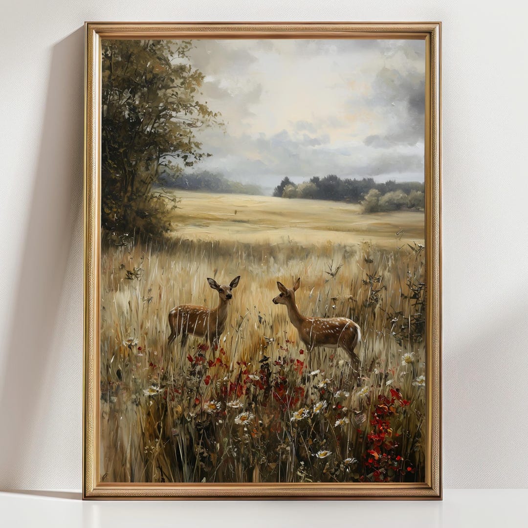 Deer in Meadow Wall Art, Rustic Woodland Landscape Painting ...