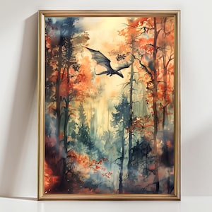 Forest Dragon Watercolor Art  Vertical Poster Print fantasy art forest and a dragon Fantasy Painting, Watercolor illustration Dark Academia