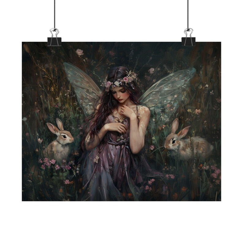 Enchanted Fairy Wall Art Print, Mystical Woodland Elf with Rabbits, Fantasy Nature Artwork, Whimsical Magical Home Decor image 5