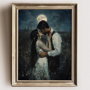 Gothic Vampire Art Print, Dark Romance Wall Art, Moonlit Lovers Painting, Gothic Couple Kiss Artwork for Gothic Home Decor