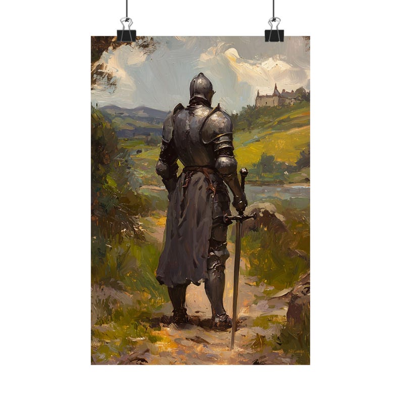 Medieval Knight Wall Art – Warrior in Armor with Sword, Fantasy Castle Landscape Painting, Chivalry Gothic Home Decor Print image 6