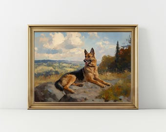 May include: A framed painting of a German Shepherd dog resting on a rock. The dog has brown and black fur, with its tongue slightly out. The background features a landscape with rolling hills, trees, and a cloudy sky.