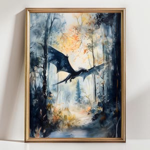 Forest Dragon Watercolor Art  Vertical Poster Print fantasy art forest and a dragon Fantasy Painting, Watercolor illustration Dark Academia