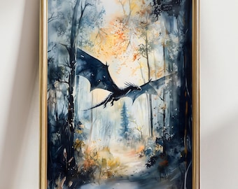 Forest Dragon Watercolor Art  Vertical Poster Print fantasy art forest and a dragon Fantasy Painting, Watercolor illustration Dark Academia
