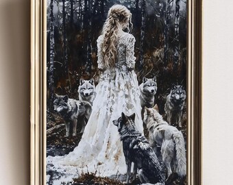 Mystical Wolf Art Print: Enchanted Forest Woman, Gothic Wall Decor