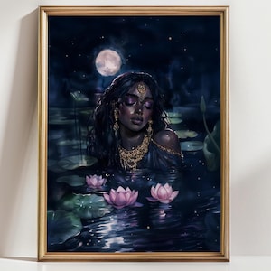 Moon Goddess Art Print, Dark Feminine Wall Decor, Mystical Lotus Pond Painting, Spiritual Goddess Artwork for Home