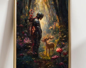 Fantasy Knight Deer Wall Art, Enchanted Forest Mushroom Print, Medieval Fantasy Poster