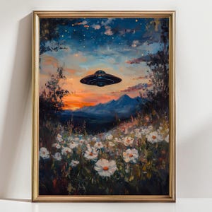 UFO Wall Art – Whimsical Alien Landscape Painting, Sunset & Flowers Sci-Fi Art Print, Surreal Nature Home Decor