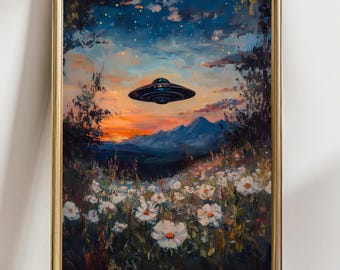 UFO Wall Art – Whimsical Alien Landscape Painting, Sunset & Flowers Sci-Fi Art Print, Surreal Nature Home Decor