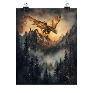 Golden Dragon Wall Art | Fantasy Forest Dragon Print | Mystical Creature Home Decor, fire dragon print, dnd wall art, golden dragon poster image 2